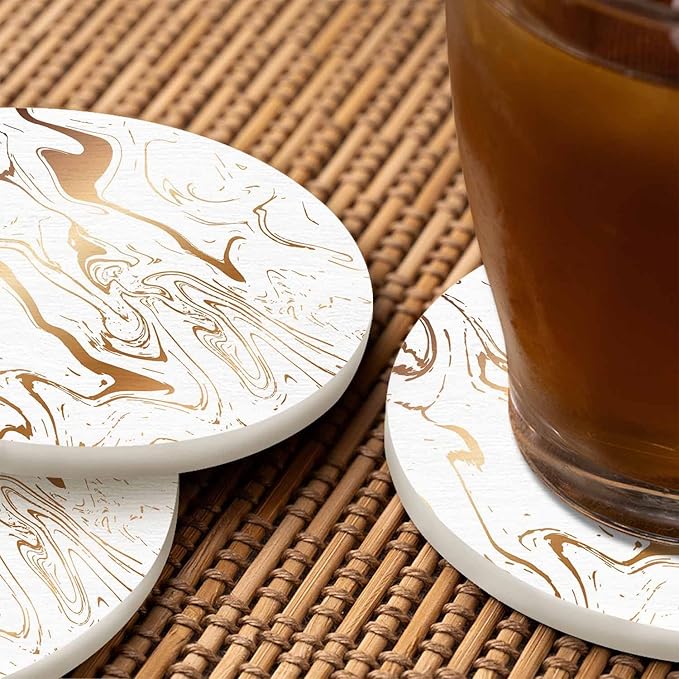 Liquid Marble Texture Coasters for Drinks 2 Pack Water Wave Curve Modern Doodle White Gold Oil Stain Line Tabletop Protection Kitchen and Coffee Table Décor & Accessories,Set of 2