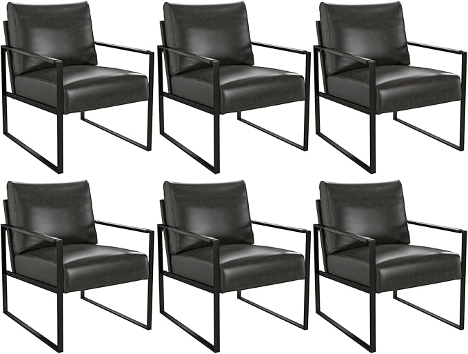 Phoenix Home PU Leather Accent Chair Set of 6, Leisure Metal Framed Armchair with Extra Soft Padded and Cushion, 105 Degree Slant Back, Modern Reading Arm Chair for Living Room/Office/Bedroom, Black