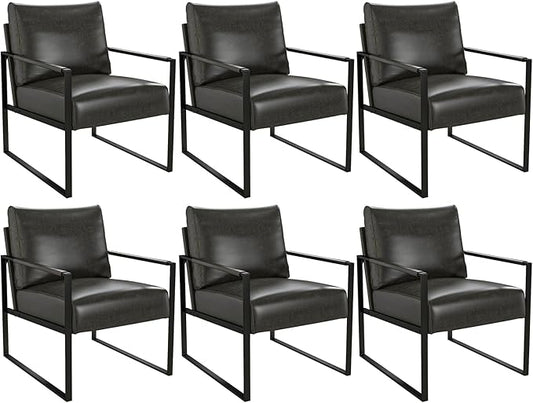 Phoenix Home PU Leather Accent Chair Set of 6, Leisure Metal Framed Armchair with Extra Soft Padded and Cushion, 105 Degree Slant Back, Modern Reading Arm Chair for Living Room/Office/Bedroom, Black