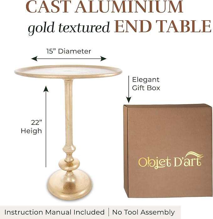 OBJET D'ART Small Round Gold End Tables, Rachel Minore, 22'' Height, Vintage Metal Accent, Side, Pedestal, Coctail and Drink Tables for Living Room and Small Spaces