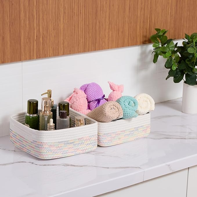 Small Square Shallow Baskets for Organizing, 9.7x9.7x4.3 Inch Rope Woven Storage Bins for Cubes Closet, Shelves Storage, Boho Decorative Basket, 2 Packs Off White Rainbow
