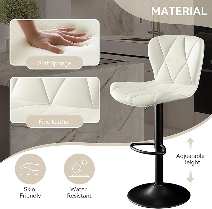 Bar Stools Set of 6,Adjustable Swivel Barstools, Faux Leather Bar Chairs,Upholstered Counter Height with High Backrest for Kitchen Island,White