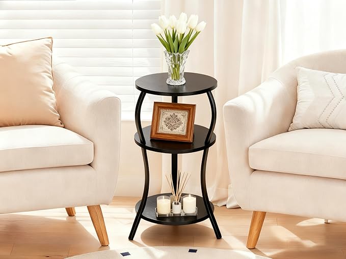 Vintage Small Round Side Table, 3-Tier Slim Waist Circular End Table with Storage Shelf, Compact Tea Sofa Side Table, Round Corner Coffee Table Nightstand for Living Room Bedroom Small Spaces,Black