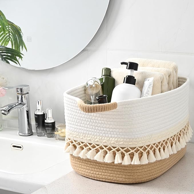 2 Pack Storage Basket for Shelves, Boho Cotton Rope Storage Bins with Heavy Tassel, Shelf Baskets Large Woven Baskets for Organizing, Cube Organizer Bins, Baby Laundry Basket for Clothes, Toys, Pets