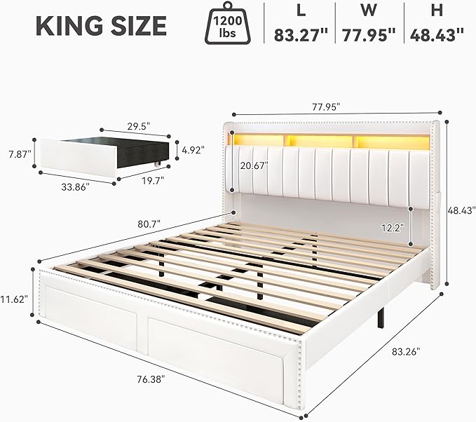 Torana King LED Bed Frame with 2 Drawers, PU Leather Upholstered Storage Wingback Headboard Beds, Channel Tufted Platform Bedframe with Rivet Decor, No Box Spring Needed, White