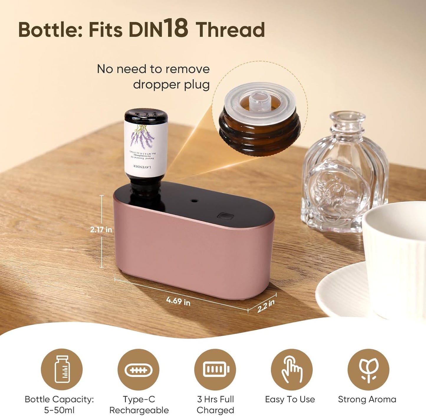 Waterless Diffuser for Home Essential Oil Diffuser, Aromatherapy Diffuser, Portable Scent Diffusers, 3 Mist Modes, Cycle Start for Bedroom, Office Studio 160-350 sq. ft Rose Gold