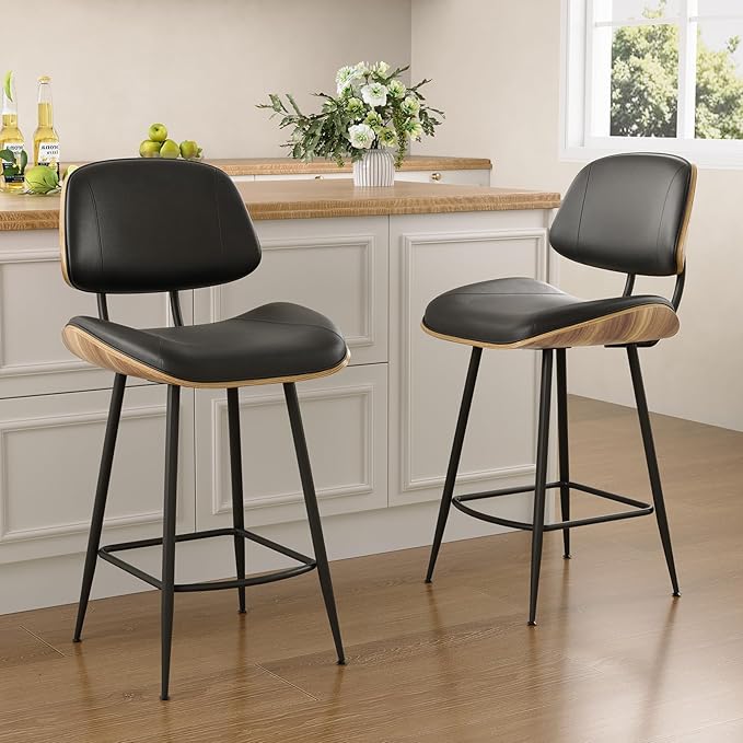 Mid Century Modern Bar Stools Set of 4, PU Leather Counter Height Stools with Walnut Bentwood Back & Metal Legs, 26.7" Barstools Kitchen Island Chairs with Footrest for Home Bars, Black