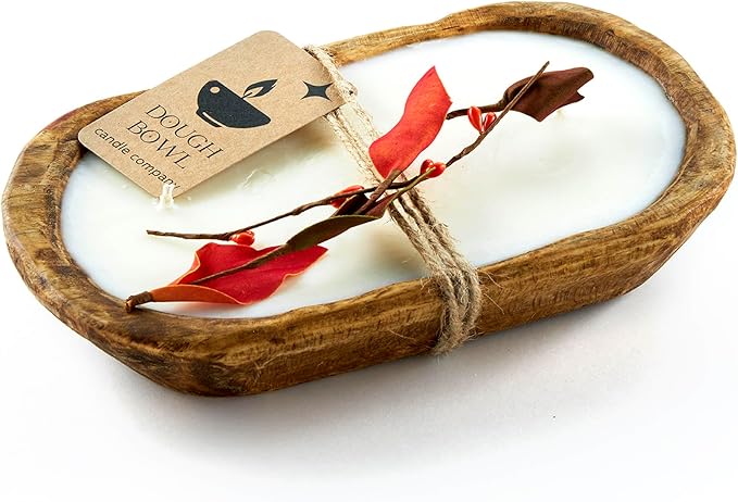 Dough Bowl Candle Co. Pumpkin Spice Soy Candle - 3 Wick Rustic Farmhouse Coffee Table Decor, Odor Eliminator in Wooden Bowls, 20 Ounce Wooden Dough Bowl Candle, All-Natural Gifts for Women and Men