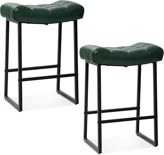 Modern Bar Stools Set of 2 for Kitchen Counter 24 inch Counter Height Backless Barstools with Upholstered Faux Leather Saddle Seat and Metal Frame Industrial Bar Chairs, Dark Green