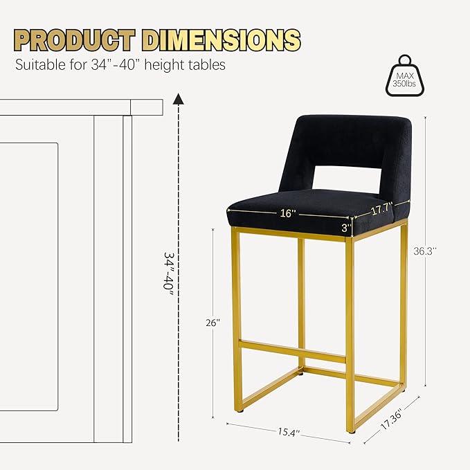 Black and Gold Counter Height Bar Stools Set of 4 for Kitchen Counter Modern Bar Chairs with Backs for Kitchen Island with Upholstered Fabric Seat and Metal Frame, 26 Inch