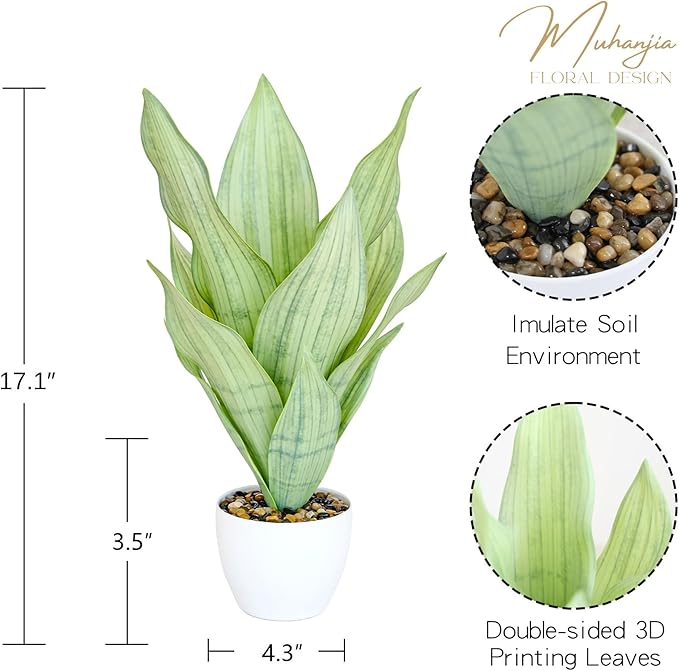 17" Artificial Snake Plant Potted,Fake Sansevieria Floor Plant Real Looking with White Planter for Centerpiece Home Decor (White&Green)