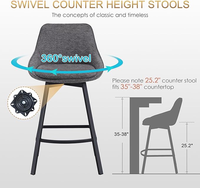 Zesthouse Swivel Bar Stools Set of 2, Modern Counter Height Barstools with Backs, 26'' Upholstered Linen Fabric High Chairs for Island Kitchen, Counter Height Chairs with Metal Legs, Dark Grey