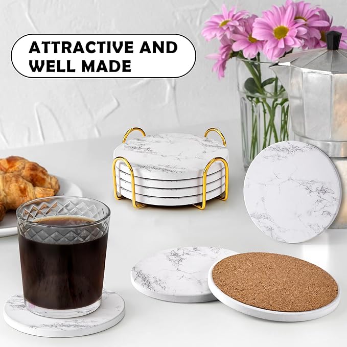 GOH DODD Coasters for Drinks Set of 4, Absorbent Marble Style Ceramic Coaster Tabletop Protection Home Decor with Metal Holder for Coffee Table Housewarming Gifts Wedding Party, White, Round, 4 Inch