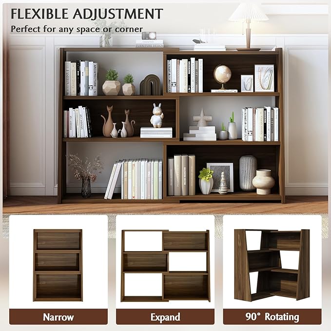 IOTXY Wooden Extendable Shelf Bookcase - 3-Tier Ladder Low Short Bookshelf for Small Space or Corner, Dark Walnut, L