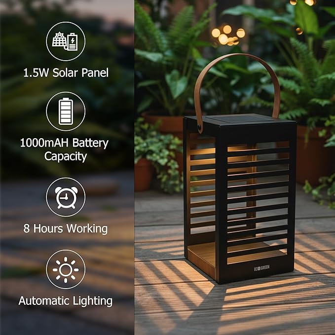 Solar Lantern with Handle - Outdoor Solar Light (7.87×13.78"), Waterproof & Corrosion Resistant, 8H Auto-On Warm White Light for Garden, Patio, Balcony & Porch Decor (Single Pack, Black)