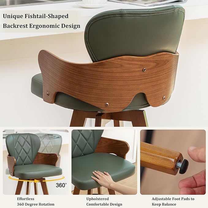 26.7” Swivel Bar Stools Set of 3,Green Faux Leather Counter Height Stools with Armrest and Fishtail-Shaped Back,Mid Century Modern Barstools,Walnut Bar Chair for Kitchen Island or Home Bar