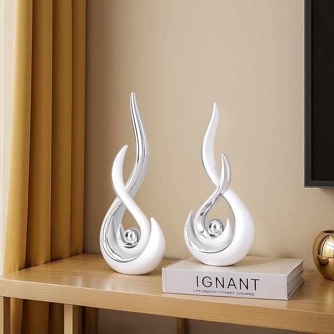 Modern Abstract Art Home Decor Accent,Contemporary Statues Coffee Table Decor for Living Room,Table Centerpieces for Dining Room,Ceramic Sculptures Knick Knacks for TV Stand Show Piece (White Silver)