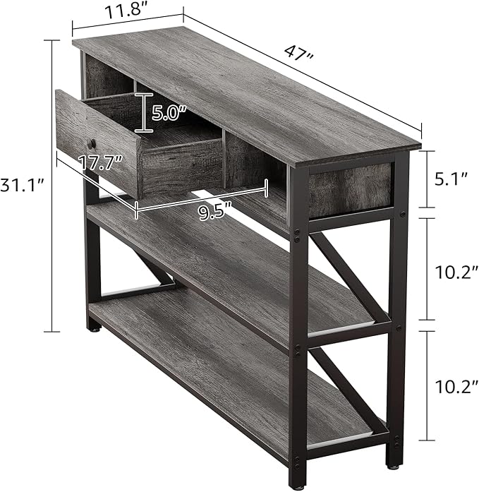 Mexin 47 Inch Console Sofa Table with Drawer, Industrial Entryway Table with Storage Shelves, Storage Organizer for Hallway Living Room Couch Foyer Kitchen Counter, Grey Oak