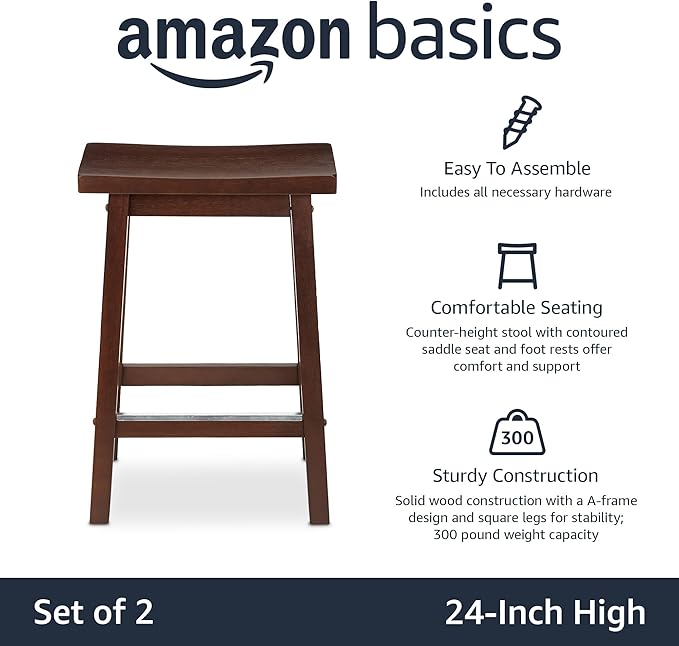 Amazon Basics Solid Wood Saddle-Seat Kitchen Counter Barstool with Footrest, Easy Assembly - 24-Inch Height - Walnut - Set of 2
