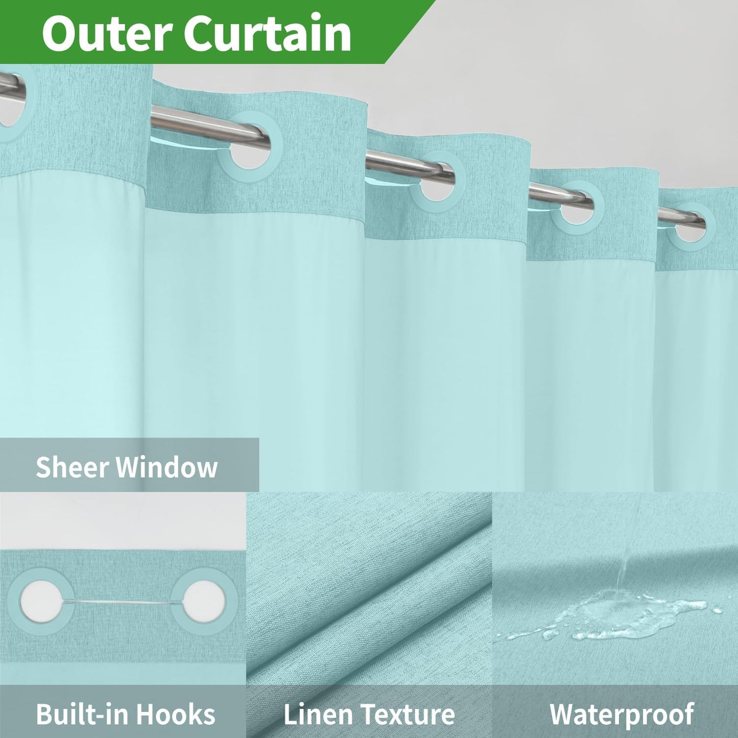 No Hooks Needed Linen Textured Shower Curtain with Snap-in Fabric Liner Set,Hotel Luxury Decor Waterproof Shower Curtains for Bathroom with Mesh Top Window,Washable,71Wx74H,Teal