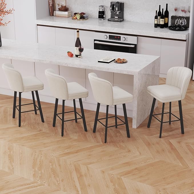 Swivel Counter Height Bar Stools Set of 4, 26'' Modern Barstools with Backs and Metal Legs, Upholstered Bar Chairs, Beige, Fabric Stools for Kitchen Island Chairs
