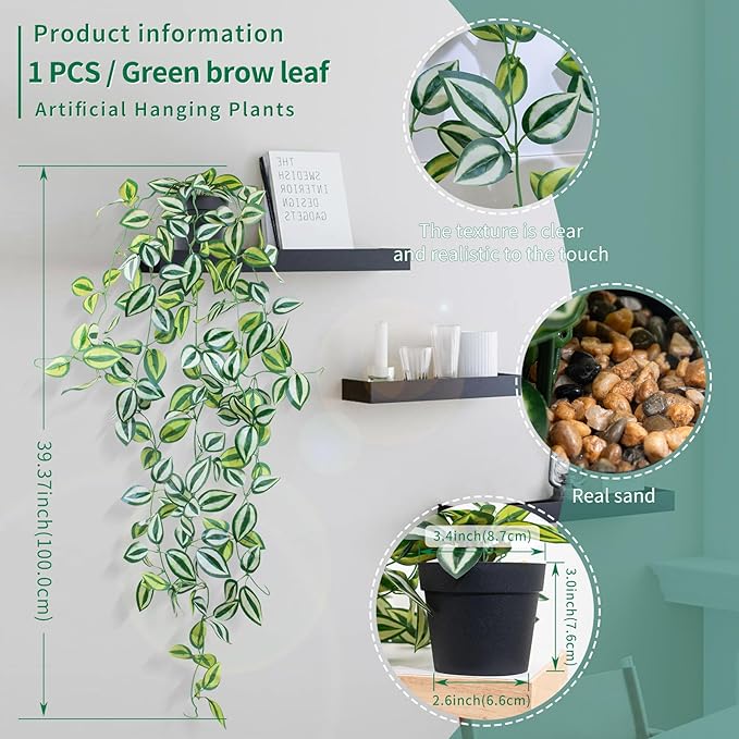 LOYWREE 2 Pack Fake Hanging Plants - Small Potted Plants with Green Eyebrow-Leaf Trailing Vines, Indoor Outdoor Aesthetic Decor for Office, Living Room Shelf & Home Accent (Black Pot)