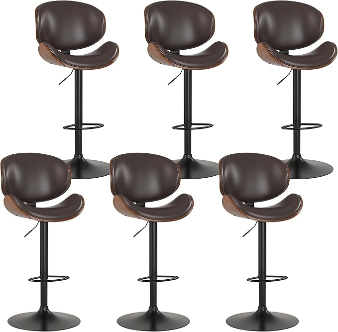 KCC Bar Stools Set of 6, Swivel Adjustable Height Barstools, PU Leather Upholstered Bar Chairs with Footrest, Bentwood Bar Stool for Kitchen, Bar, Dining Room(Brown PU)