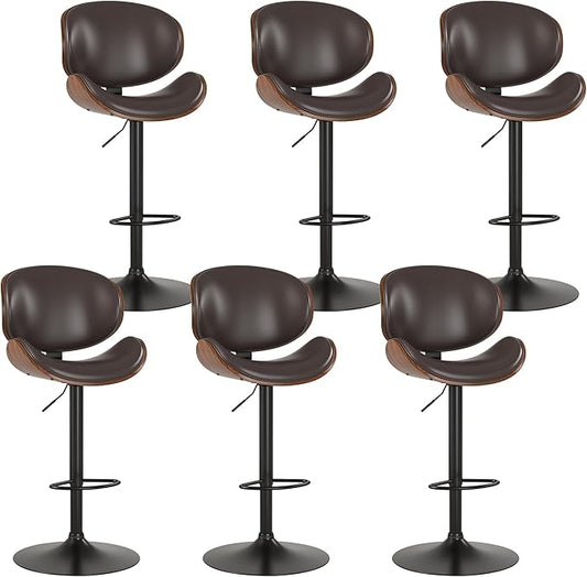 KCC Bar Stools Set of 6, Swivel Adjustable Height Barstools, PU Leather Upholstered Bar Chairs with Footrest, Bentwood Bar Stool for Kitchen, Bar, Dining Room(Brown PU)