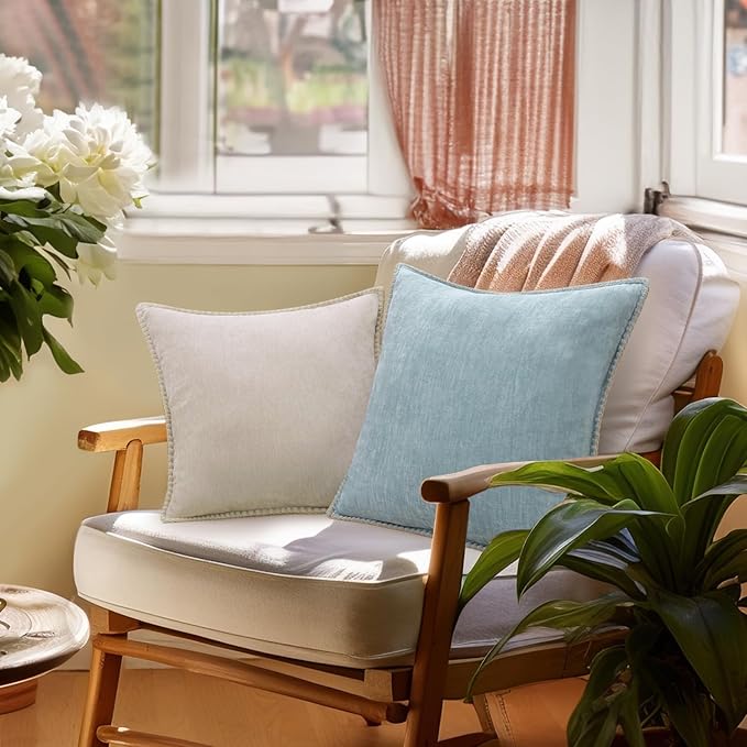 decorUhome Chenille Soft Throw Pillow Covers 26x26 Set of 2, Farmhouse Velvet Neutral Decorative Euro Pillow Covers with Stitched Edge for Couch Sofa Bed Home Decor, Aqua Haze