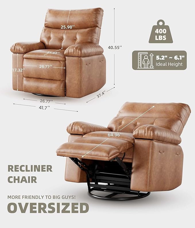 GarveeHome Oversized Rocker Swivel Recliner Chair - PU Leather Extra Wide Manual Recliner for Adults, Large Lazy Chair with 1.5X Sponge Comfort Arm and Back for Living Room, Bedroom