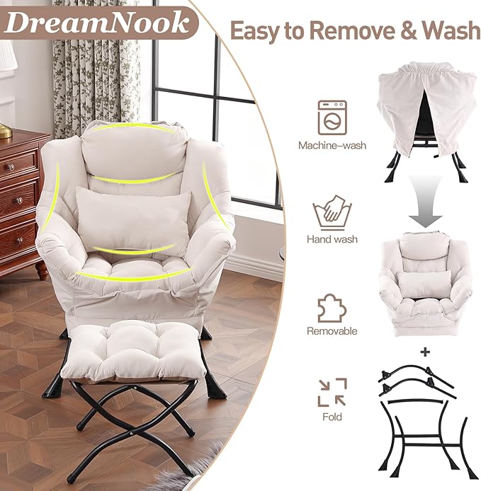 Lazy Chair with Ottoman, Modern Accent Chair with Lumbar Pillow, Comfy Chairs with Folding Footrest for Bedroom, Reading, Oversized Supportive Lounge Chairs(Beige)