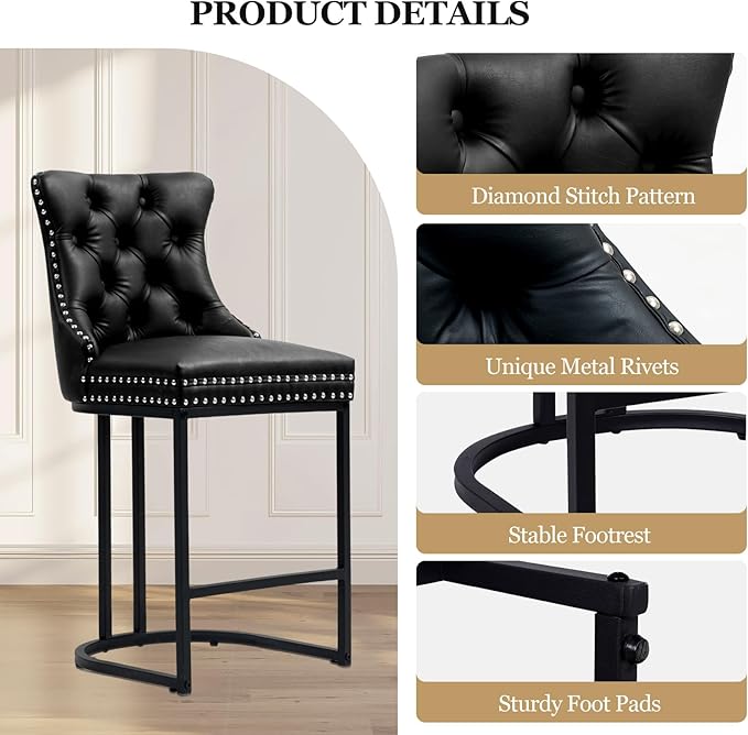 Counter Height Bar Stools Set of 3, 24" Modern Barstools with Back, Faux Leather Upholstery Counter Chairs with Metal Legs for Kitchen Island, Bar, Counter, Black