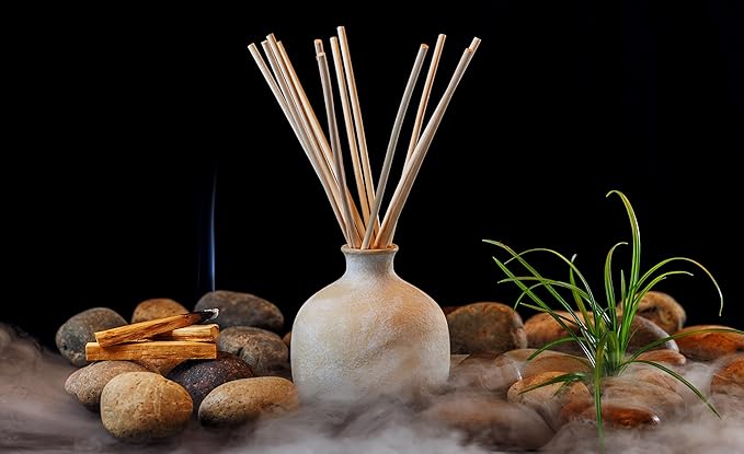 BLUEME Spiritual-Palo Santo & Vetiver, 5.92 Fl Oz Wellness Diffuser, Contains Essential Oil, Sustainable, Hand Finished, Premium, Luxury Ceramic, Natural Rattan Reeds