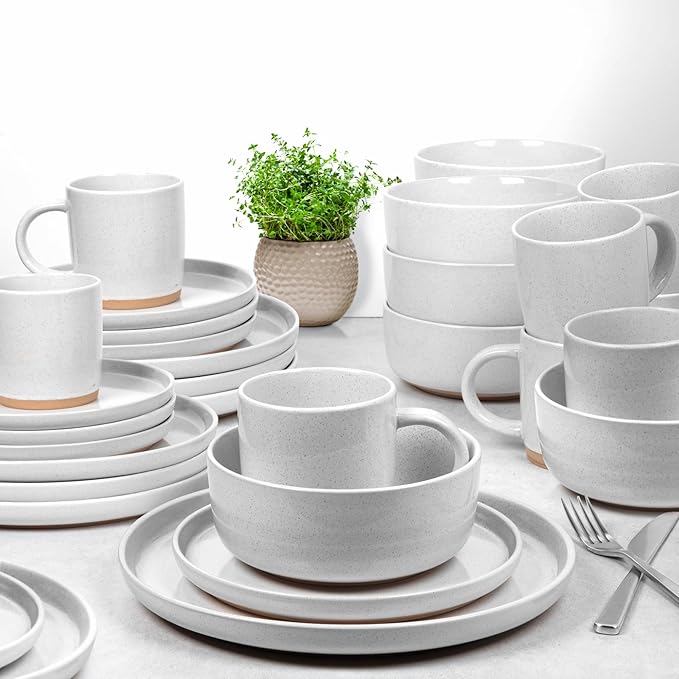 Zulay Kitchen Terra Stoneware 32-Piece Dinnerware Set, Artisanal Ceramic Plates and Bowls Set Crafted at 2300℉ - Service for 8, Speckled White