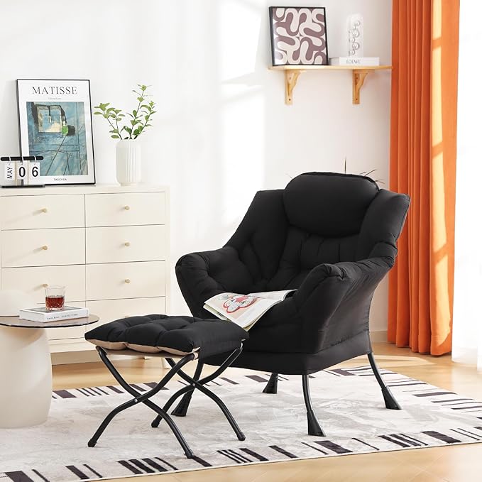 Cozy Lazy Chair and Ottoman, Large Contemporary Accent Lounge Chair Set, Leisure Upholstered Reading Armchair for Bedroom, Living Room, Dorm Rooms, Office