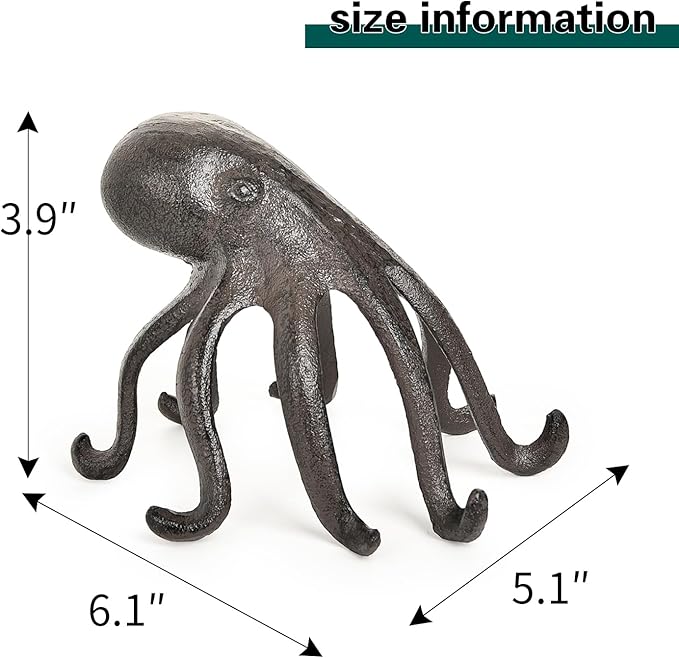 Sungmor Cast Iron Octopus Statue, Decorative Bookend, Cute Sculpture on Bookshelf or Desk, Creative Cell Phone Holder, Octopus Stand for Tablet, Black Brown