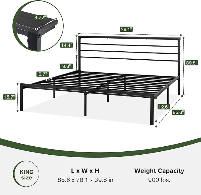 MUTICOR Heavy-Duty King Metal Platform Bed Frame with Shelf Headboard, No Box Spring Needed, Easy Assembly, Black Shelf