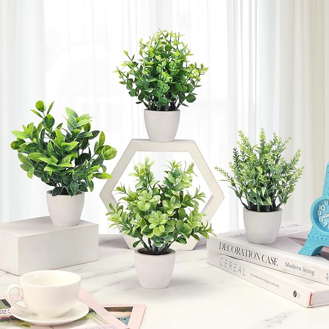 4 Pack Fake Plants Ceramic Mini Artificial Greenery Potted Plants for Home Decor Office Decor Room Decor Farmhouse Decor Indoor Table Bathroom Decor