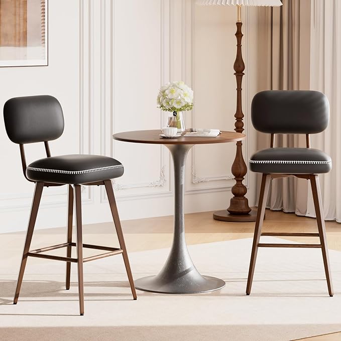 PU Leather Swivel Bar Stools Set of 2, Mid Century Counter Height Bar Chairs with Low Back and Metal Legs, Modern Bar Stool Chair for Kitchen Island, Black