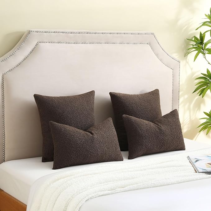 FUTEI Pack of 2 Dark Coffee Decorative Throw Pillow Covers 12x20 Inch Soft Cozy Solid Boucle Textured Lumbar Pillow Cases,Modern Home Decor for Couch Bed Living Room