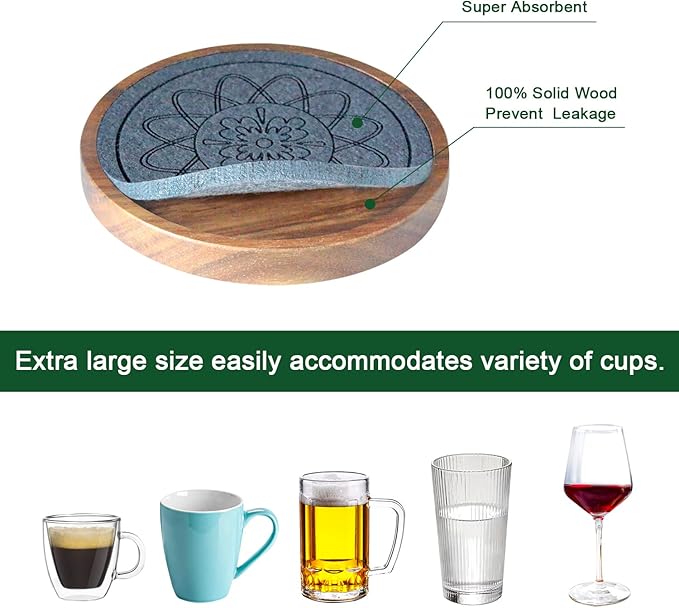 Wood Coasters for Drinks, Absorbent Coaster Sets of 5, Drinks Coasters for Coffee Tabletop Protection, Non-Slip, Non-Stick, Suitable for Kinds of Cups Wooden Table Hot or Cold Drink, 4.3 Inches
