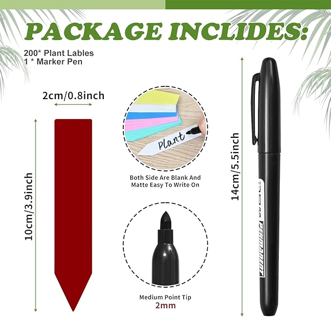 Plant Labels 200 Pcs Yuanling for Seeding Plastic Waterproof Plant Name Tags Garden Labels Marker Garden Pots Stakes for Outdoor Potted Plants Belt Permanent Marking Pen (Red)