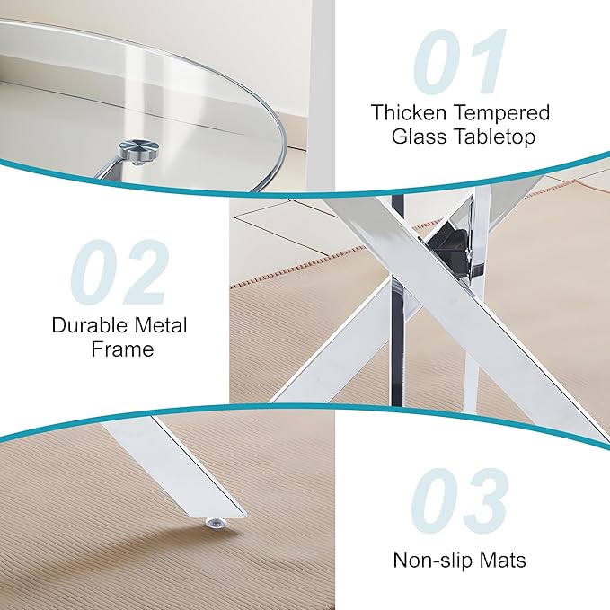 Dining Table for 4 Modern Round Dining Table 35.43" Kitchen & Dining Room Tables with Metal Legs and Glass Tabletop for Dining Room and Apartment, Chrome