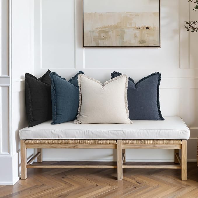 MIULEE Christmas Decorative Couch Pillow Covers Neutral Linen Fringe Throw Pillows Set of 4 Boho Farmhouse Cushion Modern Pillowcases for Bed Sofa Living Room Home Decor 18x18 Inch Beige/Coastal Blue