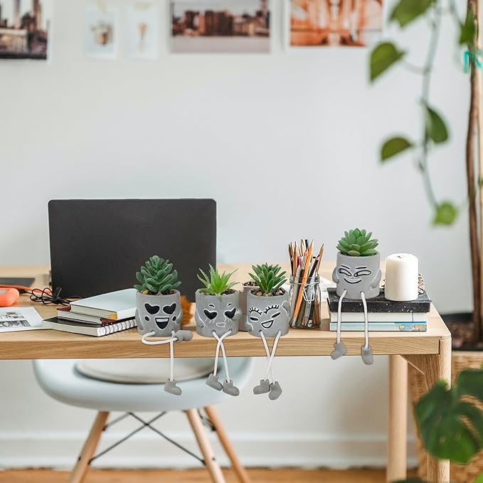 4 Pack Artificial potted Succulent Plants with Hanging Legs, Fake Mini Succulents in Pots, Faux Small Plants for Office Desk, Kitchen, Bathroom, Home Shelf Decor, Funny Office & Home Decor Accents