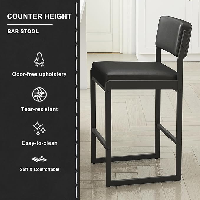 Mid Century Modern Counter Height Bar Stools Set of 3, 26" Bar Height Chairs with Backs, Upholstered Counter Stools, Metal Barstools for Kitchen Island (Black- Faux Leather, 26"H - Set of 3)