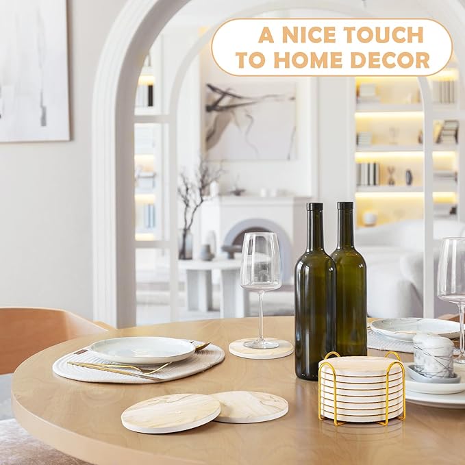 GOH DODD Coasters for Drinks Set of 4, Absorbent Marble Style Ceramic Coaster Cup Coasters Tabletop Protection Home Decor with Metal Holder for Housewarming Gifts Wedding Party, Beige, Round, 4 Inch