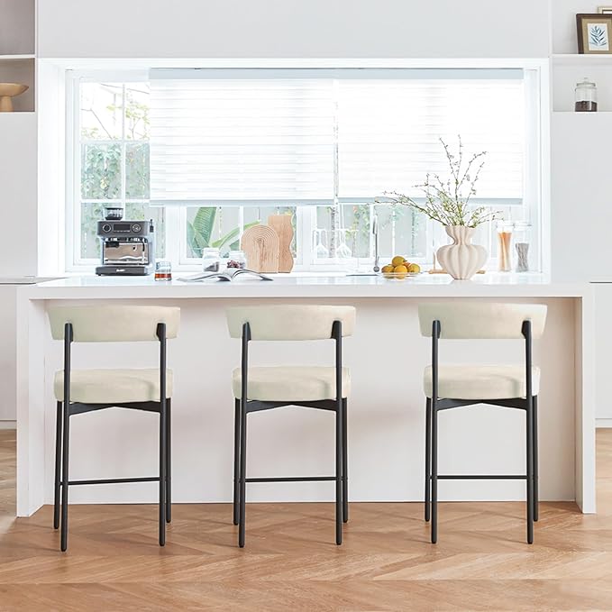 Beige Modern Bar Stools Set of 3, 24 Inch Faux Leather Counter Stools with Curved Backrest, Counter Height Bar Stool for Kitchen Island
