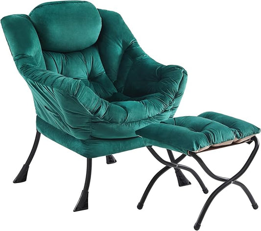 Lazy Chair and Ottoman, Large Accent Lounge Chair with Armrests and a Side Pocket, Modern Leisure Upholstered Sofa Reading Armchair with Footrest for Bedroom, Living Room, Dorm Rooms, Office