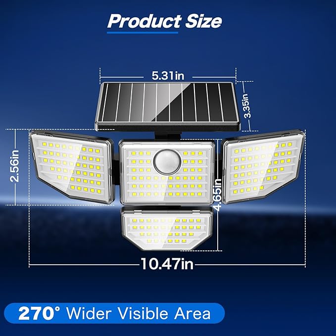 3000LM Outdoor Solar Light - Upgrade 4 Heads 188 LED Solar Motion Sensor Outdoor Lights, IP65 Waterproof Powered Light for Home Darkroom Backyard, 2 Pack